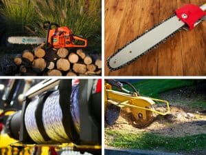 Essential equipment used for tree removal after storm including chainsaws, winches, and stump grinders.