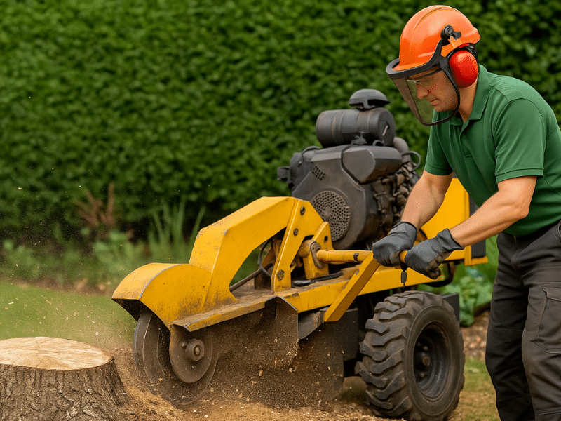 Worker using stump grinder as a stump removal solution in a residential garden.