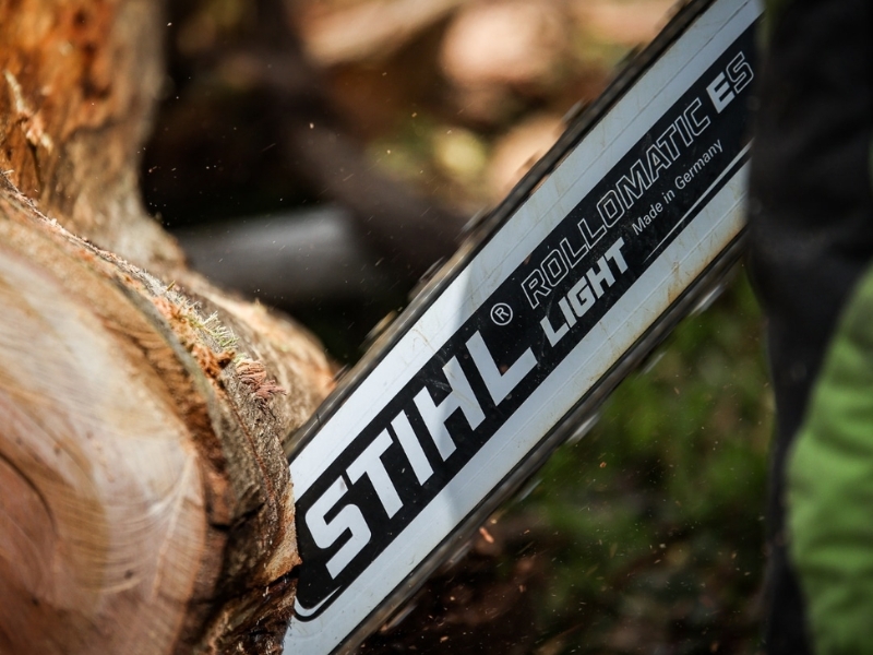 Chainsaw cutting tree trunk as part of removing trees from property.