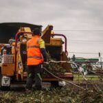 Arborist in high-visibility clothing feeding branches into a wood chipper, showing recycling as part of the cost for small tree removal.
