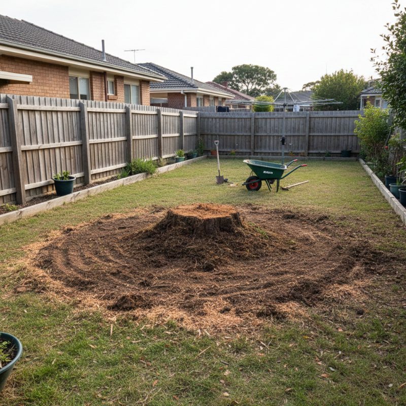 Freshly ground tree stump area in a Melbourne backyard prepared for replanting.
