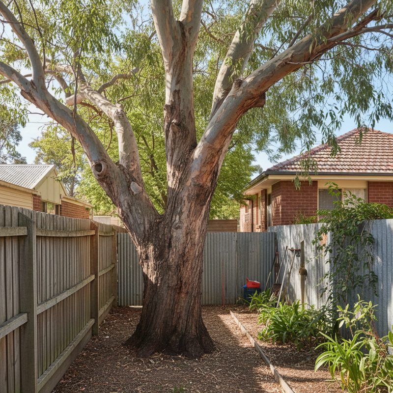 backyard tree in Melbourne with limited access and nearby rooflines.