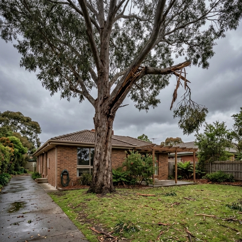 Mature backyard tree in Melbourne showing a cracked branch union and a hanging limb after stormy weather.