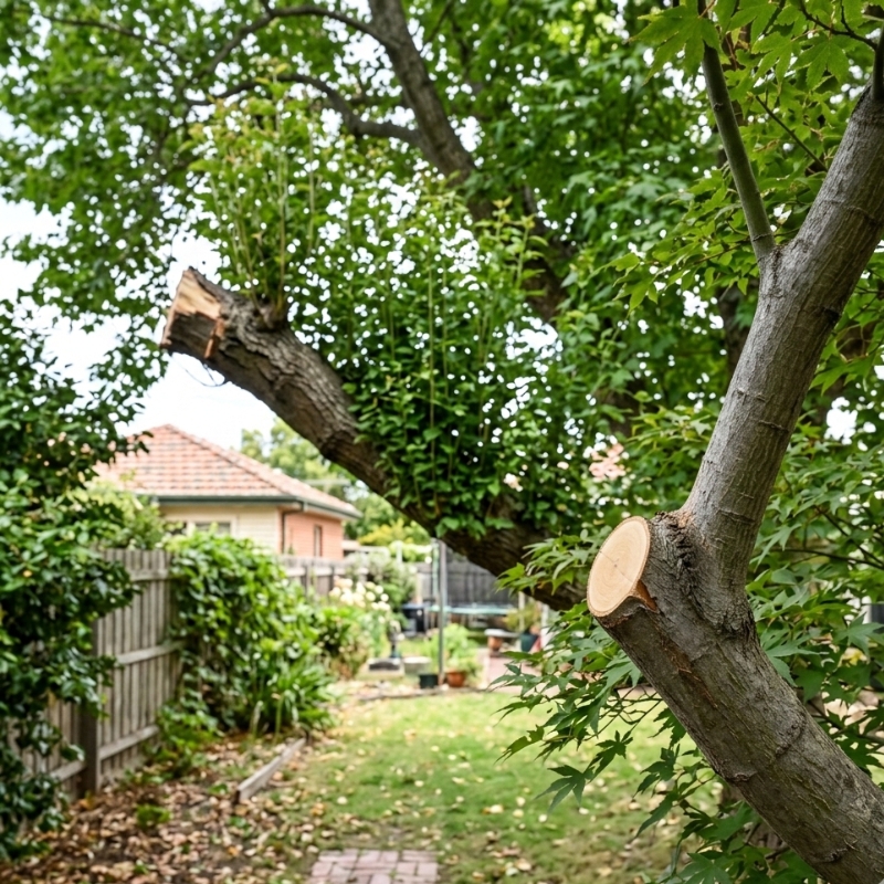 Comparison of a proper pruning cut at the branch collar versus a topped limb producing weak vertical shoots in a Melbourne backyard tree.