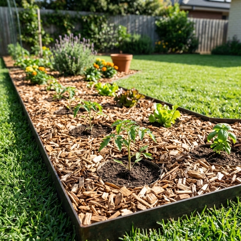 Wood chip mulch applied 5–10 cm deep with clean edging to suppress weeds in a Melbourne garden bed