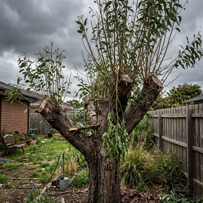 Topped tree with weak regrowth shoots in a Melbourne backyard, showing pruning mistakes that increase breakage risk.