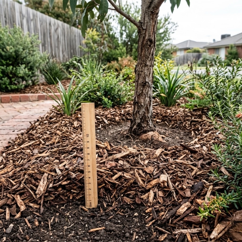 Correct mulch depth in a Melbourne garden bed with mulch kept away from a tree trunk to prevent collar rot.