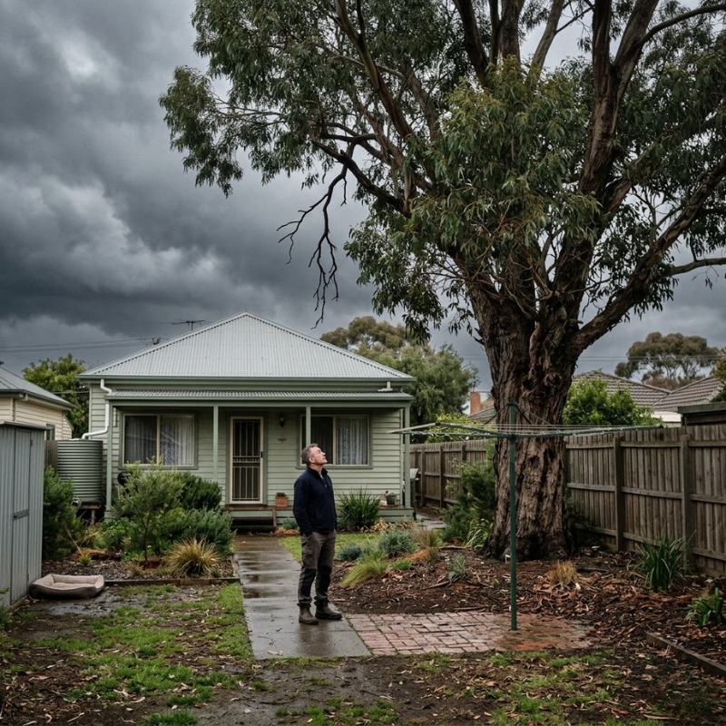 Melbourne homeowner inspecting a backyard tree for dead branches and storm risk before high winds.