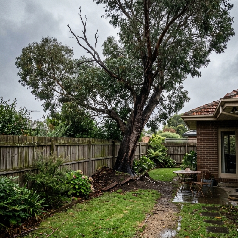 Warning signs of a dangerous backyard tree in Melbourne, including soil heave near the trunk and dead branches overhead.