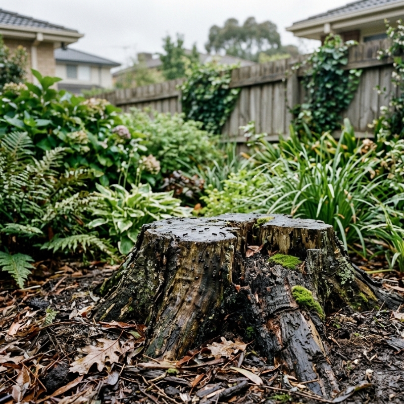 Old rotting tree stump in a Melbourne backyard showing damp conditions that can attract ants and termites.