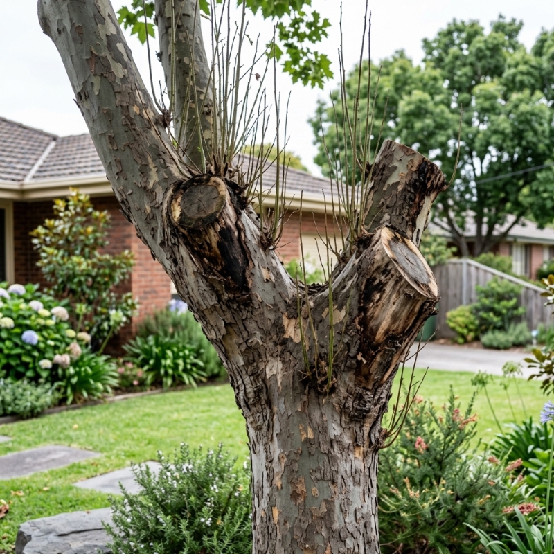 Improperly lopped mature tree with large flush cuts, weak regrowth shoots and visible branch decay in a suburban garden setting
