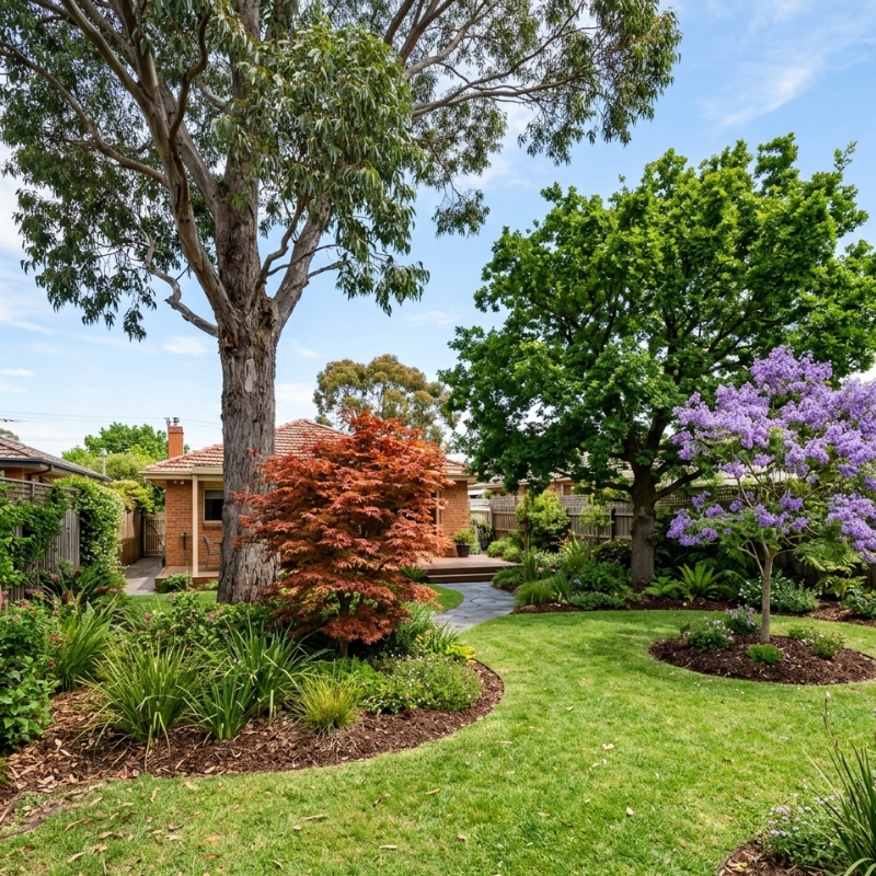 Healthy native and exotic trees growing side by side in a well-maintained Melbourne suburban garden, showing diverse canopy shapes, mulched root zones, and balanced landscaping under clear daylight conditions.