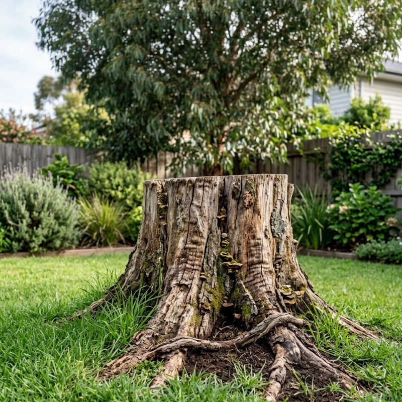 Weathered tree stump in a Melbourne backyard surrounded by grass, showing natural decay and fungal growth after tree removal