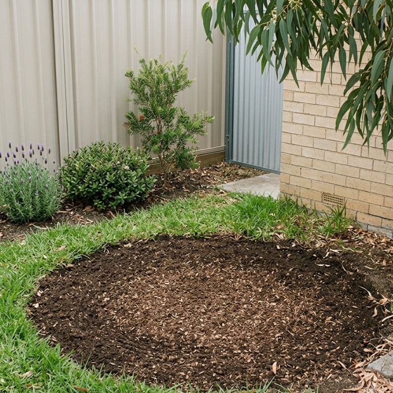 Freshly ground tree stump area with wood chips mixed into healthy garden soil