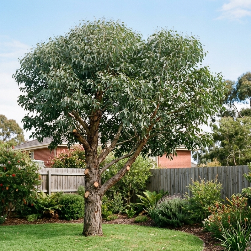 Healthy gum tree with balanced canopy after selective pruning in a Melbourne backyard