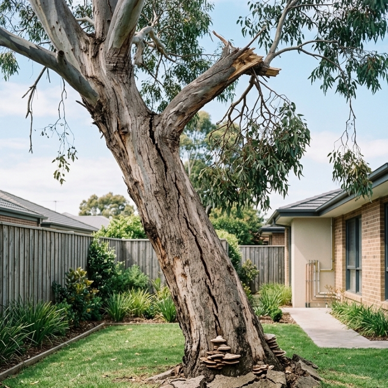 Dangerous mature eucalyptus tree in a Melbourne backyard showing leaning trunk, cracked soil and damaged branches.