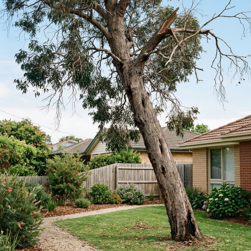 Leaning damaged tree with sparse branches near a Melbourne residential property showing signs that tree removal may be needed