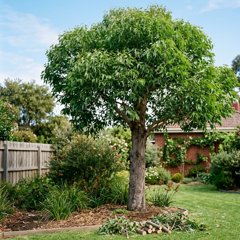 Healthy eucalyptus tree with a maintained canopy in a Melbourne backyard after professional tree lopping