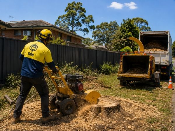 Stump grinding result with cleared ground