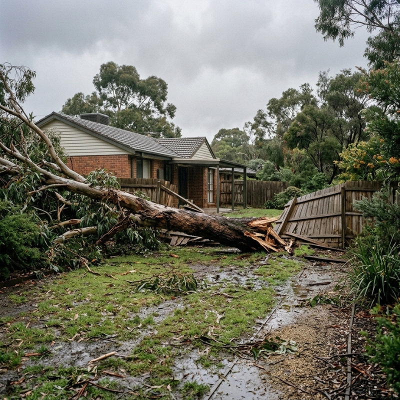 Storm-damaged fallen tree on a Melbourne residential property