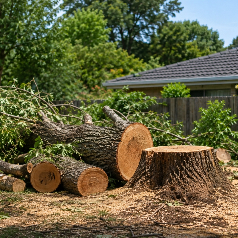 Tree removal with cut logs and stump in a Melbourne suburban backyard