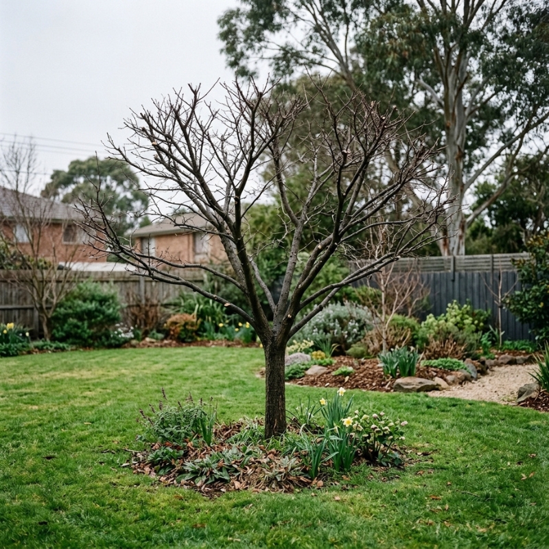 Late winter tree pruning in a Melbourne garden with healthy deciduous branches