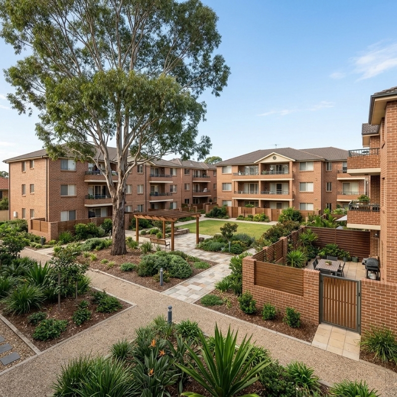 Strata property tree beside a shared courtyard and landscaped common area